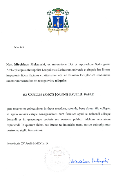Certyfikat - Relikwie św. Jana Pawła II